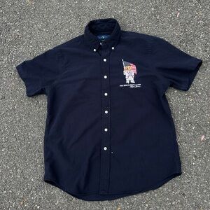 Polo Ralph Lauren Bear Shirt Mens M Navy Blue Short Sleeve Button Down Flag